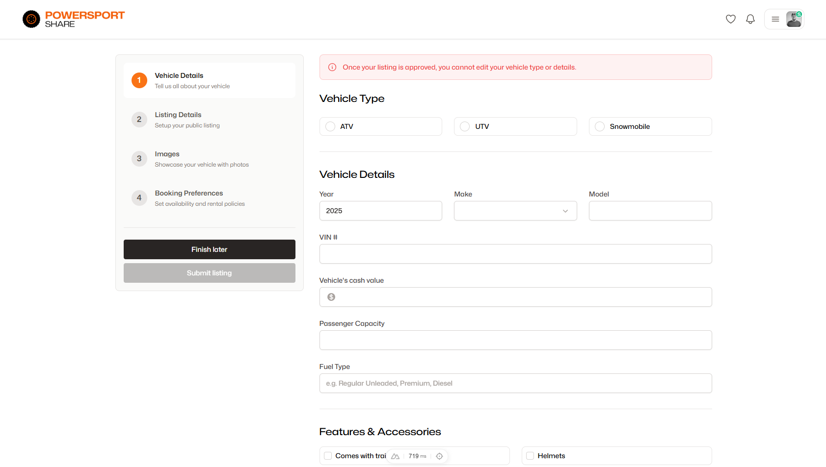 Creating a vehicle listing